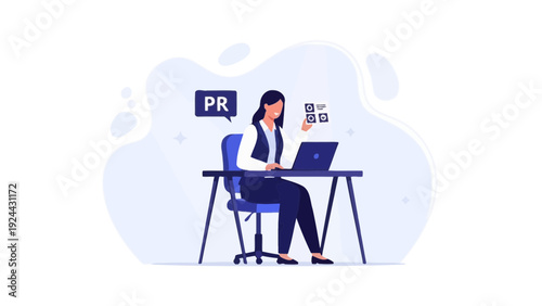 Woman Working on Laptop with QR Codes and PR Symbol, Digital Marketing Concept