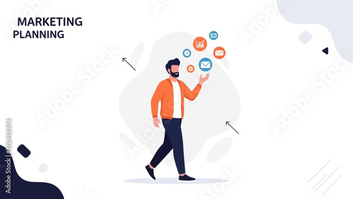 Man juggling digital marketing icons, representing strategy and planning