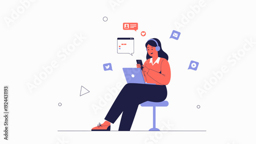 Woman Working Remotely with Laptop, Smartphone, and Social Media Icons