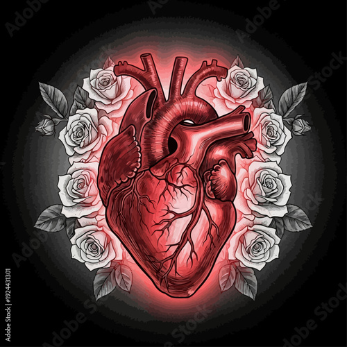 Anatomical Heart with White Roses – Gothic Chalk Illustration Art