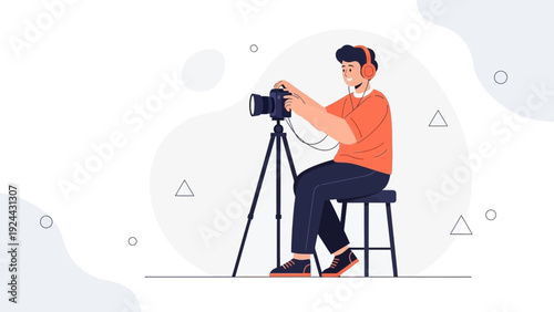 Young Man Filming with Camera on Tripod, Wearing Headphones