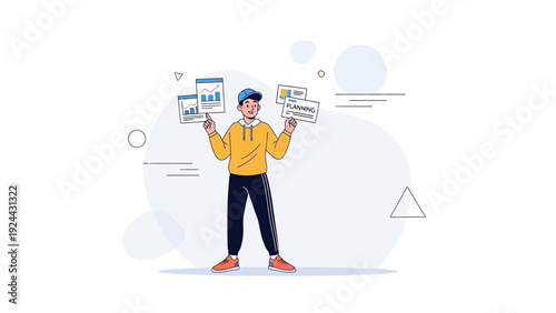 Young man juggling business charts and planning documents, modern flat illustration