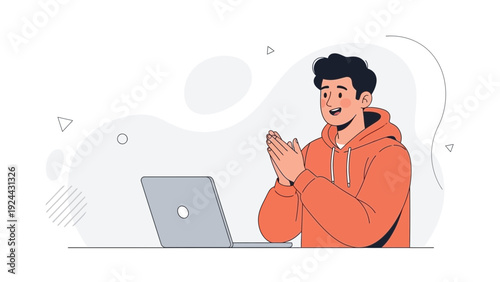 Young man in hoodie clapping hands happily in front of laptop, online celebration