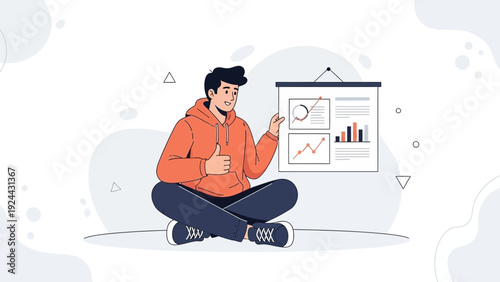 Young man presenting data charts on a whiteboard, thumbs up gesture, business meeting concept