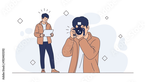 Young Man Taking Photo With Camera, Creative Hobby, Freelance Photography Concept