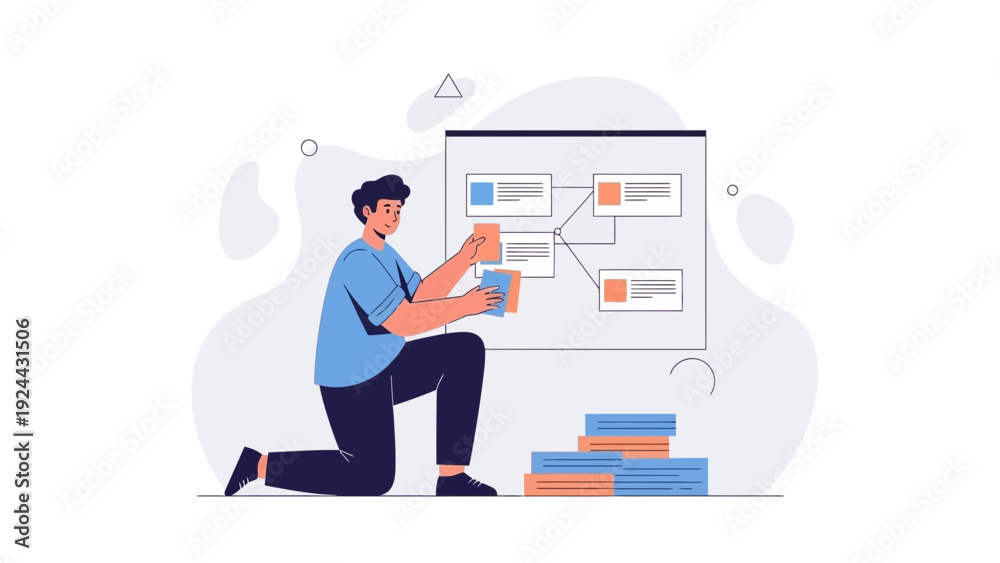 Fototapeta premium Man Organizing Project Plan on Whiteboard with Flowchart and Sticky Notes