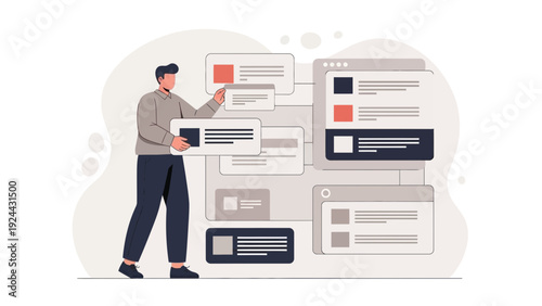 Man organizing digital content on web pages, concept of data management and organization.