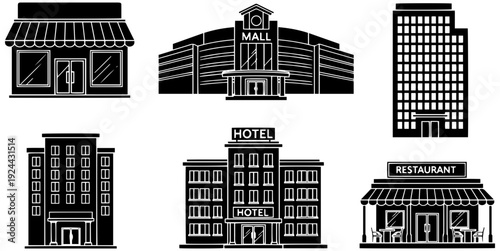 Modern urban buildings with hotel, mall, restaurant, and office spaces