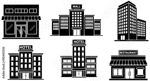 Modern city buildings with hotel, mall, and restaurant facades in black and white