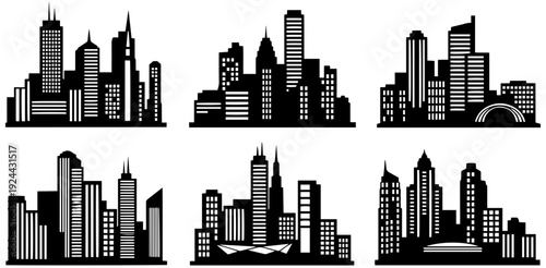 Six modern city skylines in black silhouette on white background