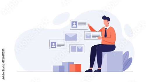 Man organizing digital content and data, online communication concept