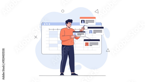 Man organizing project tasks on a digital dashboard, workflow management concept