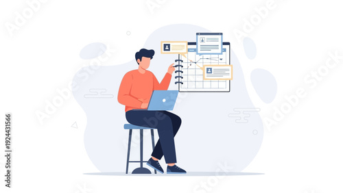 Man Planning and Organizing with Laptop and Digital Board