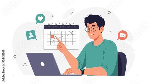 Man planning and scheduling with laptop and calendar, social media icons