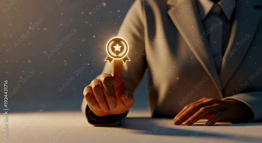 Fototapeta premium Businessman touching glowing star icon with finger on table