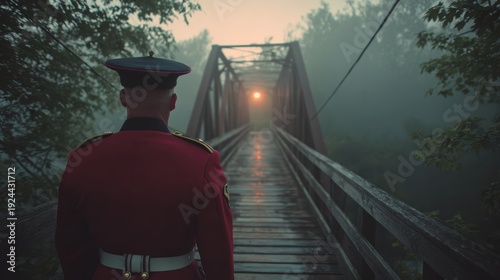 Solemn Bridge Crossing: A figure in uniform walks thoughtfully towards a dimly lit bridge, disappearing into the atmospheric mist, evoking a sense of journey and introspection.