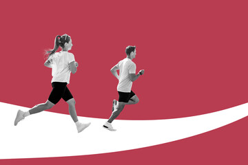 People run against a solid red background in a sporty setting during a fitness event or training session