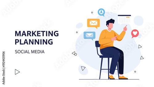 Man planning marketing strategy with social media icons and calendar