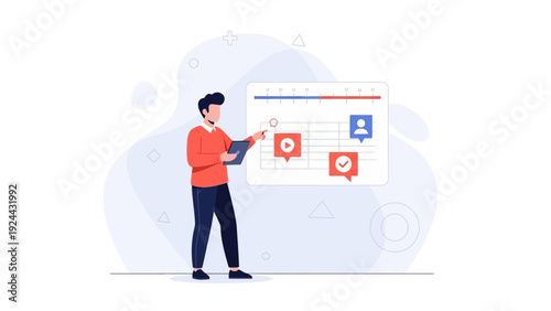 Man planning project timeline on digital board, business strategy, task management
