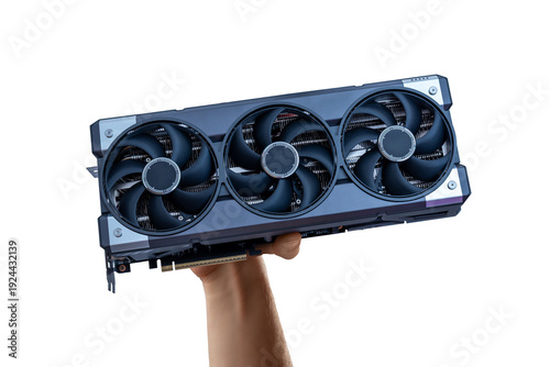 Принти на полотні Isolated, transprent high performance triple fan graphics card held in hand, mod