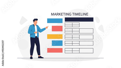 Man pointing at marketing timeline chart, planning strategy, business growth concept
