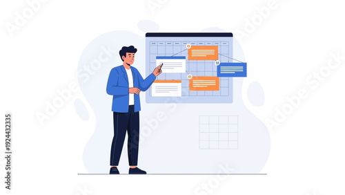 Man points to calendar, planning events, business strategy, meeting schedule, task management
