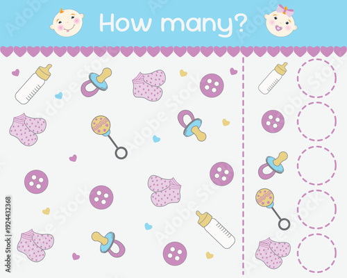 Educational game; counting game, how many; count the number with rattle, socks, button, baby things, baby bottle, pacifier