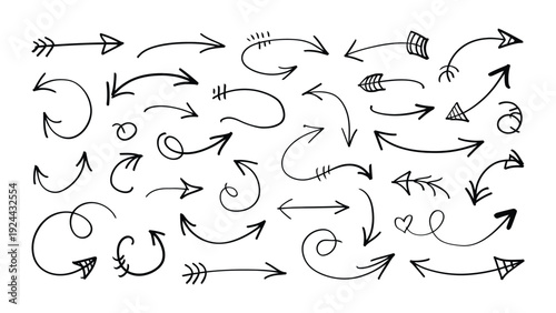Hand drawn arrow icon collection, sketchy black arrows, curvy directional markers, marker pen style, doodle vector symbols for design projects.