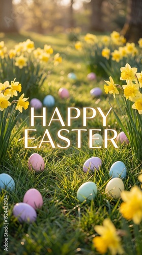 Happy Easter Text with Colorful Eggs on Grass and Yellow Daffodils at Sunrise, Spring Holiday Greeting Background, Festive Nature Scene, Vertical bg