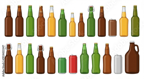Collection of glass bottles and aluminum cans filled with beverages, representing various drinks and refreshment options