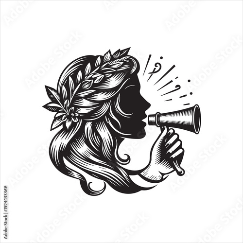 Black and white vector illustration of a woman's head with a flower crown, holding a megaphone and shouting, with motion lines and a plain white background.