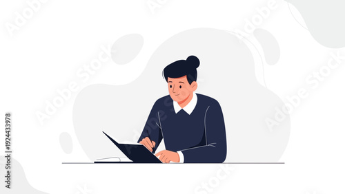 Young man writing in notebook, focused, studying, working, minimalist illustration