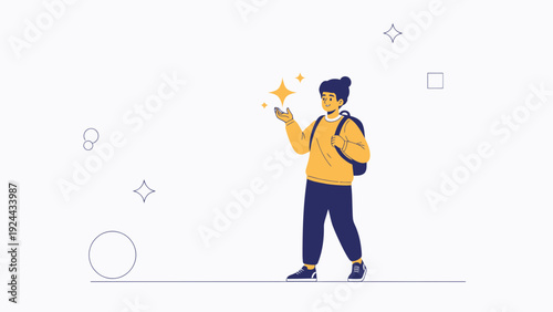 Young person holding glowing stars and abstract shapes, concept of creativity and ideas