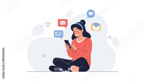 Young woman using smartphone with social media icons and messages floating around