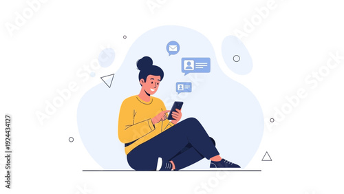 Young woman using smartphone, social media, communication, flat vector illustration