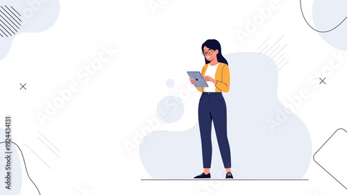 Young Woman Using Tablet Computer on Abstract Background