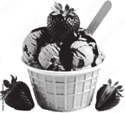 Trendy halftone collage elements set.Delicious chocolate swirl ice cream scoops topped with fresh strawberry fruit. 