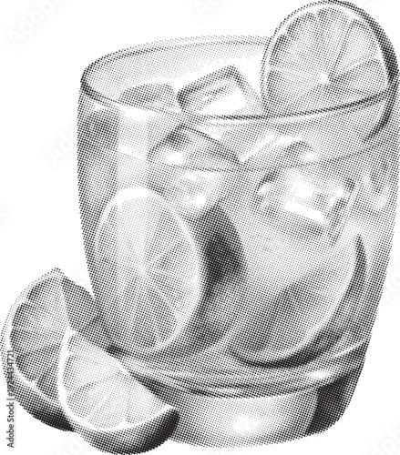 Trendy halftone collage elements set. Detailed black and white drawing of a refreshing citrus beverage with ice cubes
