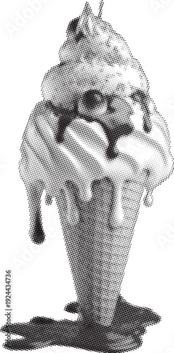 Melting ice cream cone with chocolate topping drips sadly onto surface