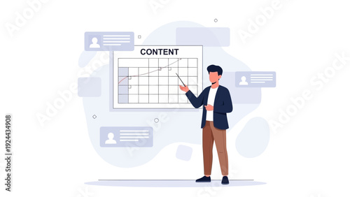 Man presenting content strategy with graph and icons on whiteboard