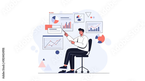 Man Presenting Financial Data and Analytics Charts on Screen