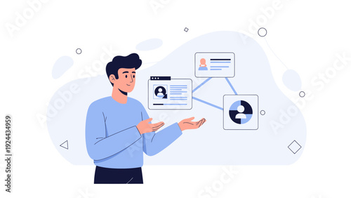 Man presenting network connections with user profiles and data