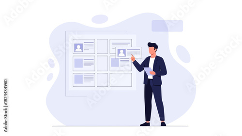 Man presenting on a digital board with profiles and data, business concept illustration
