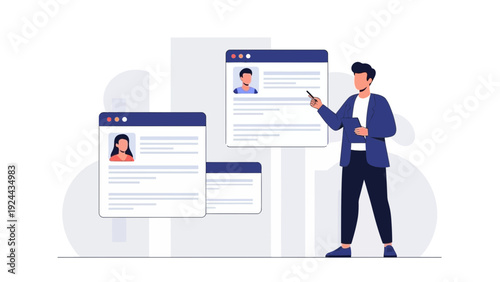 Man presenting resumes on screens, recruitment, hiring, job search concept