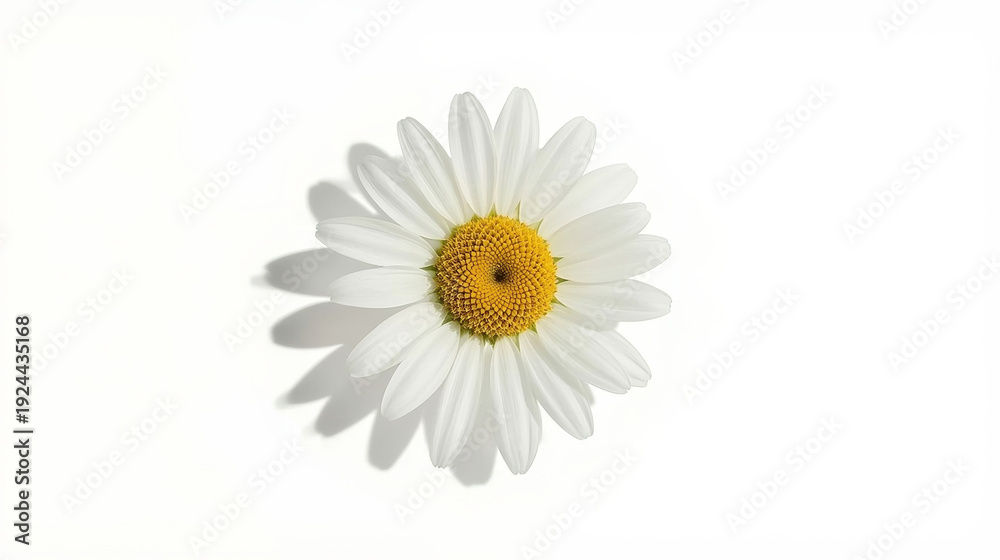 Fototapeta premium White daisy with yellow center on a plain background showing petals and shadow