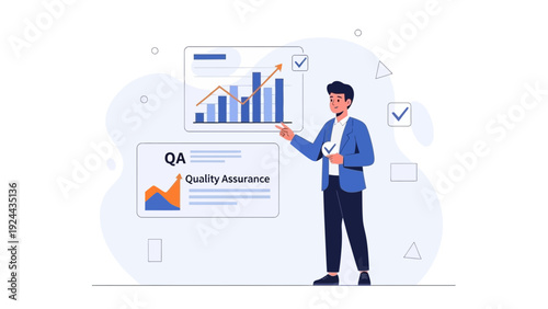 Business man pointing at upward financial graph and quality assurance report