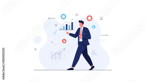Businessman analyzing financial growth charts and gears, business concept illustration