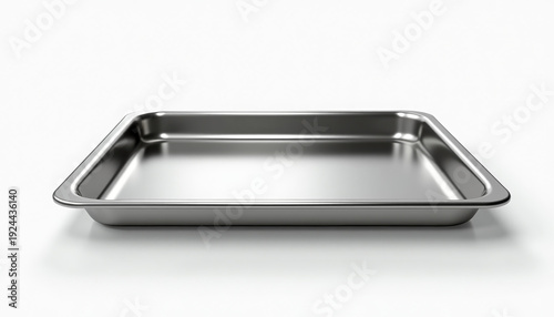 Polished metal rectangular tray with rounded corners. Can be used as kitchen bakeware, laboratory equipment, or a surgical instrument container.