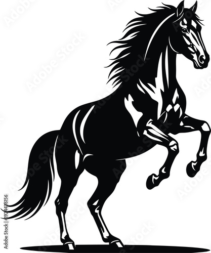 A black horse rearing up on its hind legs in a dynamic pose