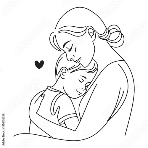 minimal outline mother hugging child vector illustration